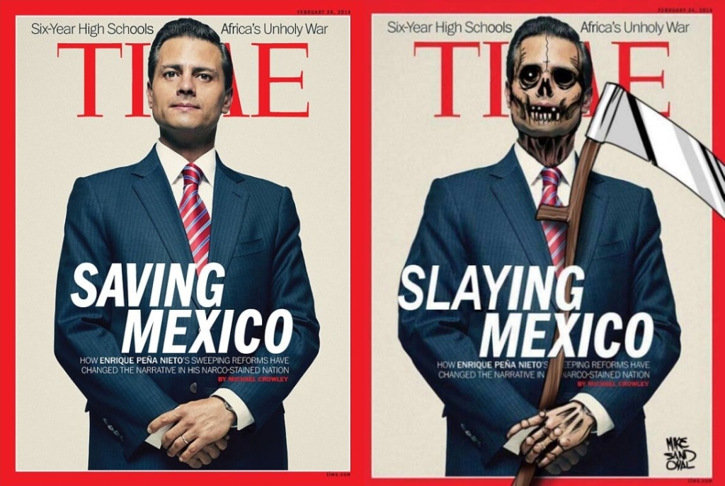  Satirische versie van de Time Time Magazine voorkant met daar op president Peña Nieto als De Dood, met de onder de tekst “Slaying Mexico”